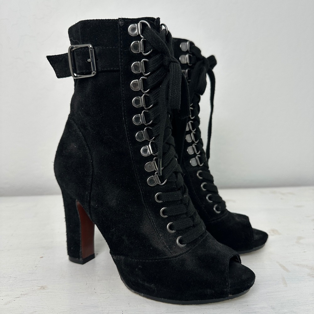 Sam Edelman Booties Womens 6M S-Belmont Black Suede Lace Up Peep Toe Block Heel